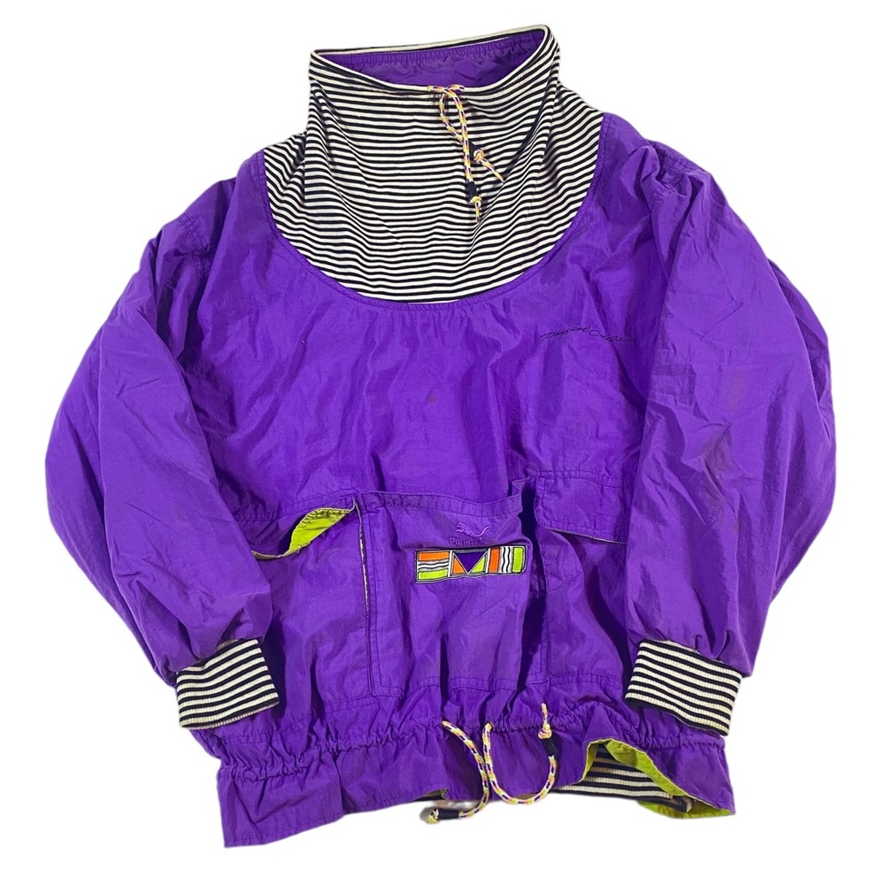 Vintage Puma Windbreaker 80s Purple Orange White Black Green VTG Long Neck